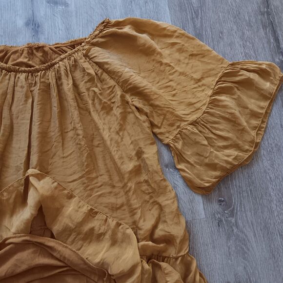 Womens Dress Medium Mini Peasant Bell Sleeve Ruffle Golden Fairy Cottage Beachy - Picture 5 of 10